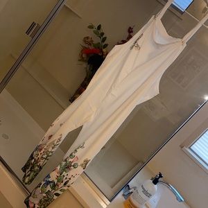 Lightweight white overalls sz 1x with gorgeous floral lower leg prints!